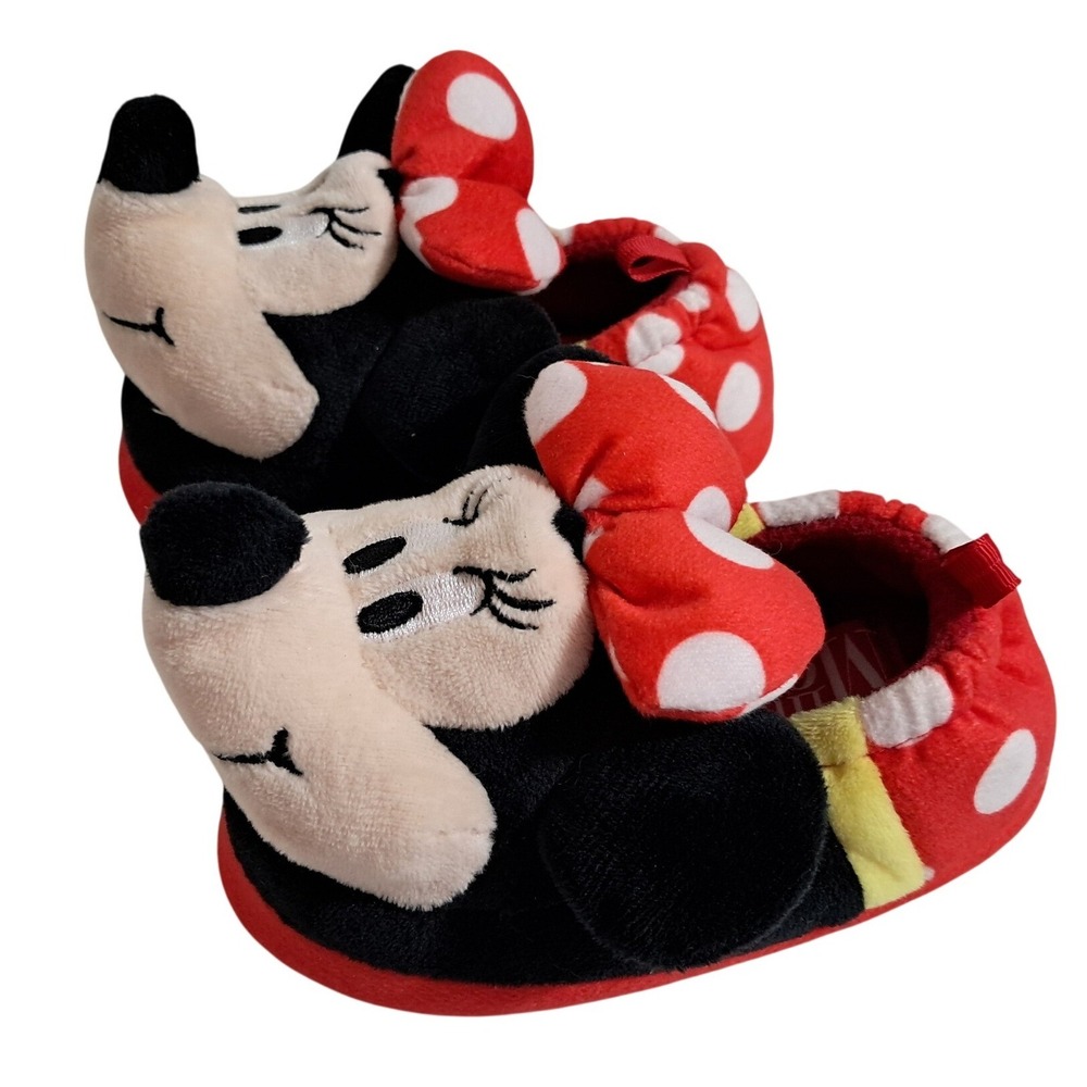 Disney Minnie Mouse Toddler Kids Slippers 7/8‎ Red Polka Dot Plush
